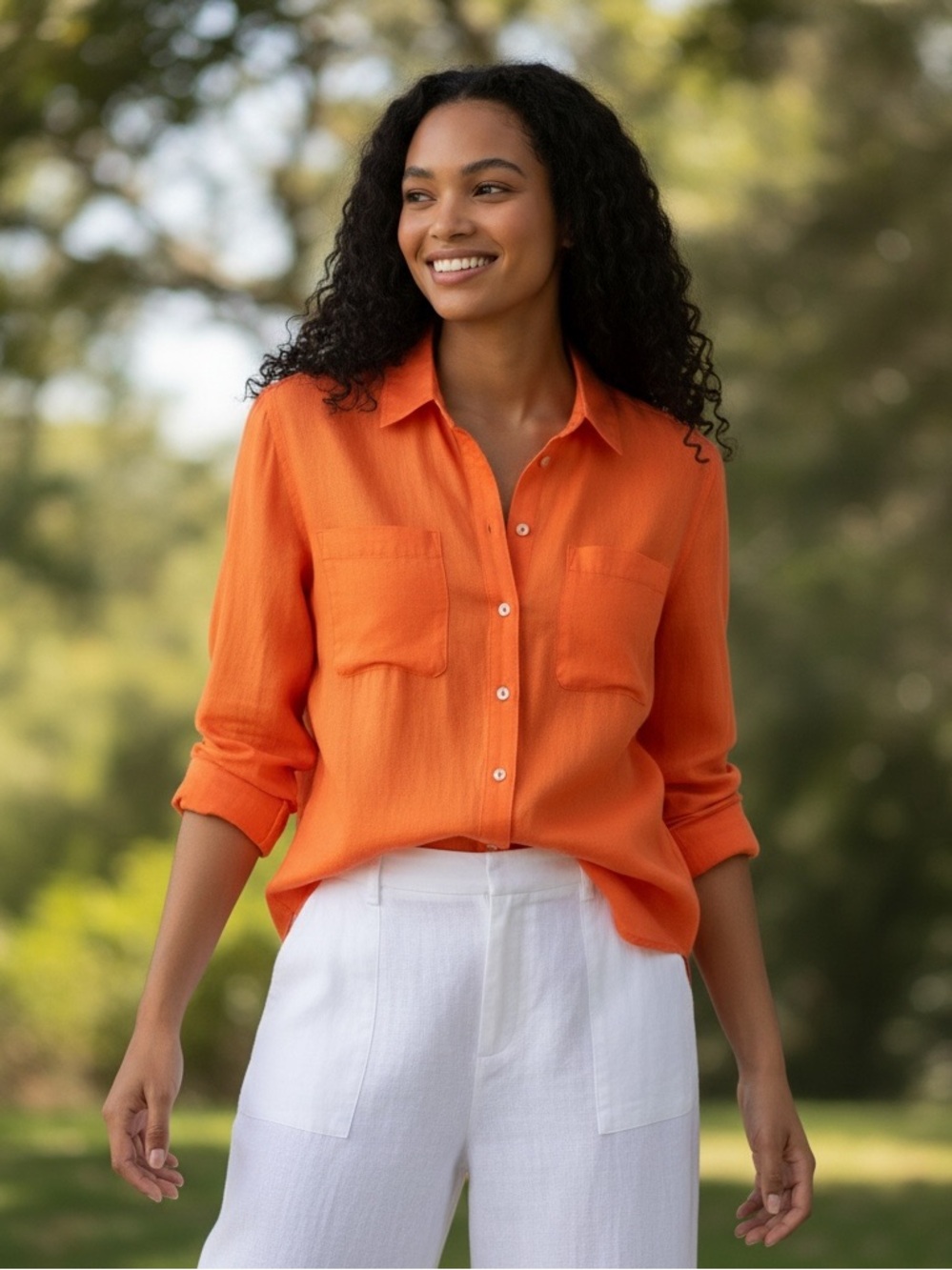 Neiman Marcus Orange Linen Button Up Shirt Women’s SZ Medium Resort Wear